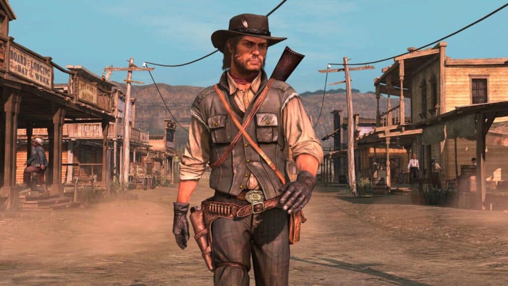 An image showing a scene from Red Dead Redemption with its protagonist John Marston walking towards the camera.
