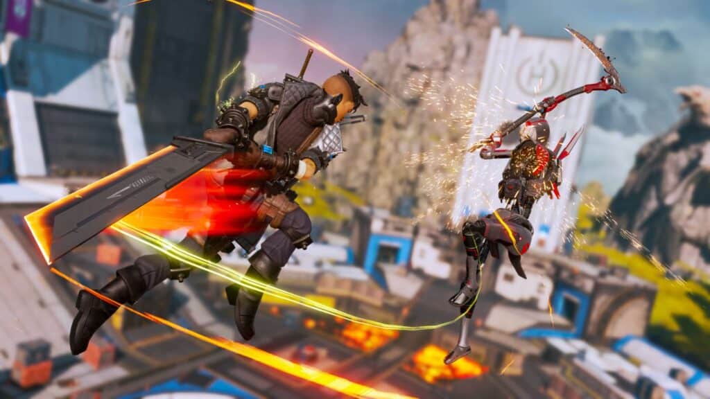 An image showing the characters named Crypto and Revenant from Apex Legends fighting in the air with melee weapons.