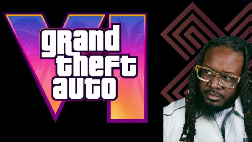 A render showing the artist T-Pain staring at GTA 6 logo.