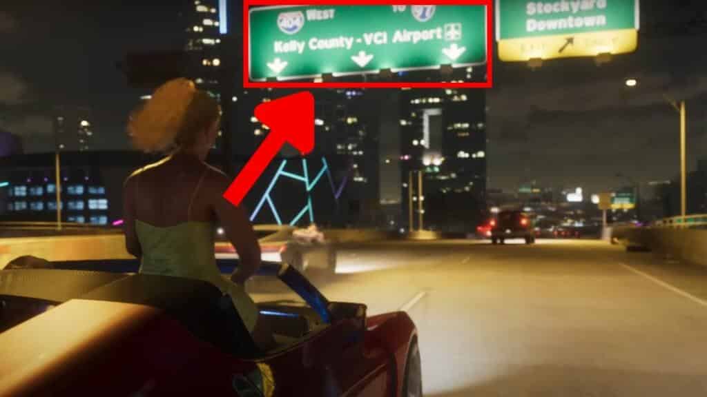 A screenshot showing a scene from GTA 6 with highlighted text on the raod sign.