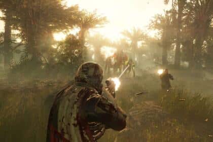 A screenshot from Helldivers 2 shooting a gun.