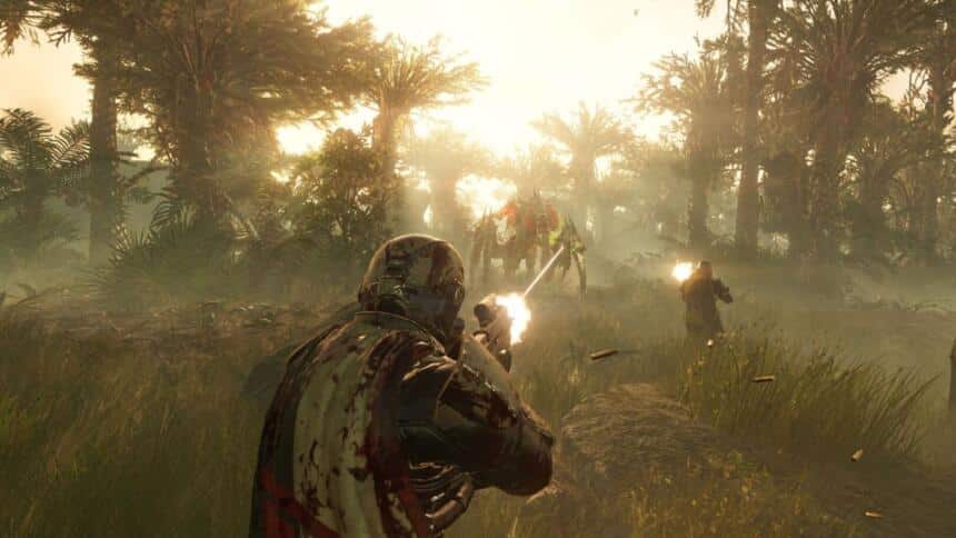 A screenshot from Helldivers 2 shooting a gun.