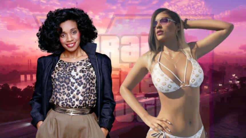 A GTA 6 trailer 2 illustration image featuring Anita Ward and the bikini girl.