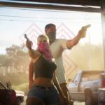 A screenshot from GTA 6 trailer 2 showing the characters Lucia and his partner-in-crime pointing guns at someone.
