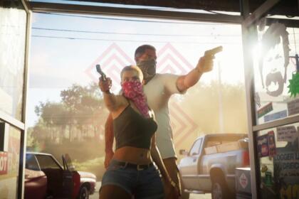 A screenshot from GTA 6 trailer 2 showing the characters Lucia and his partner-in-crime pointing guns at someone.