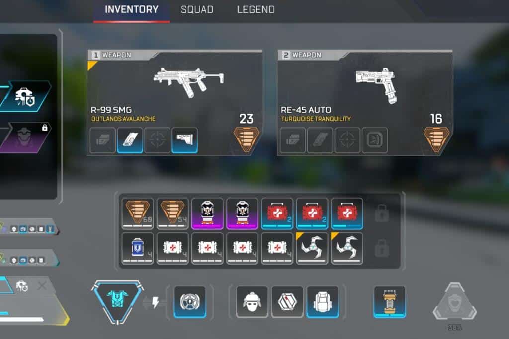 Inventory with r99 and re45 in Apex Legends