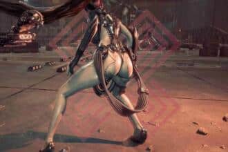 An image showing Stellar Blade protagonist Eve in the middle of a combat wearing a white bodysuit.