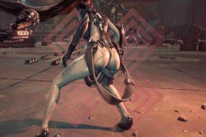 An image showing Stellar Blade protagonist Eve in the middle of a combat wearing a white bodysuit.