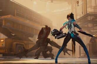 An image showing a screenshot from Stellar Blade featuring Eve fighting a monster.