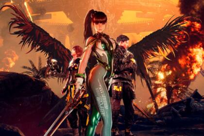 An image showing the Stellar Blade characters all posing for a poster with Eve in the middle.