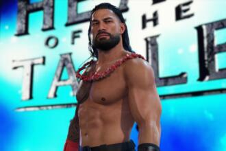 An screenshot from 2K WWE 2K24 game showing Roman Reigns.