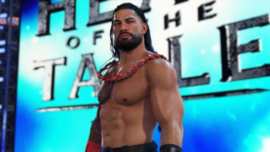 An screenshot from 2K WWE 2K24 game showing Roman Reigns.