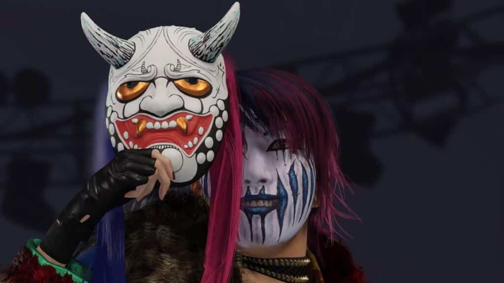 A screenshot from WWE 2K24 showing a masked female star.