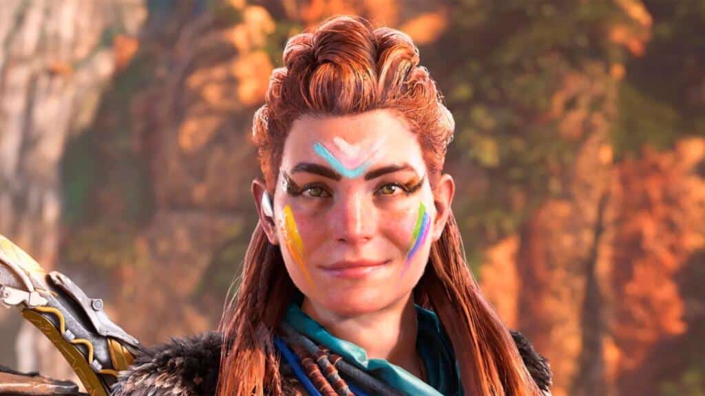 Horizon Forbidden West PC requirement illustration showing a close up of protagonist Aloy's face with a smirk.