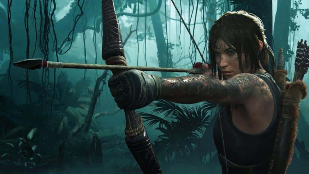 An image showing Lara Croft from Shadow of the Tomb Raider using a bow and arrow.