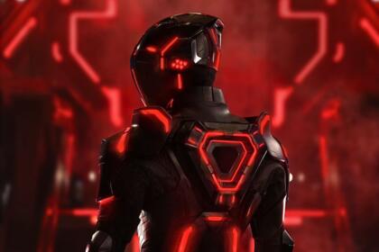 Official Tron Ares aka Tron 3 image shows red character with a triangle disc
