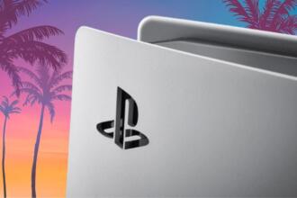An illustration image for PS5 Pro GTA 6 drama showing a PS logo on a PS5 console with the GTA 6 backdrop.
