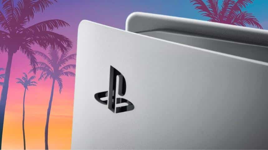 An illustration image for PS5 Pro GTA 6 drama showing a PS logo on a PS5 console with the GTA 6 backdrop.