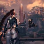 An image showing Stellar Blade's protagonist Eve standing with her back facing the camera.