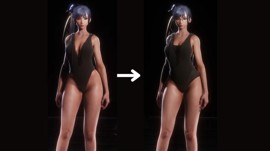 An image showing before an after comparison of the Holiday Bunny outfit in Stellar Blade