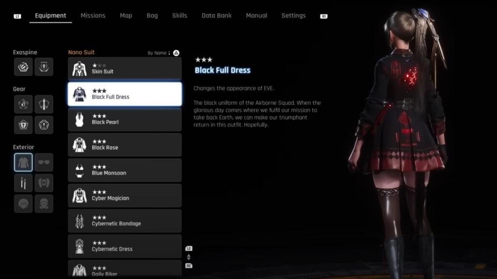 A screenshot showing the back of Eve in Stellar Blade wearing the Black Full Dress.