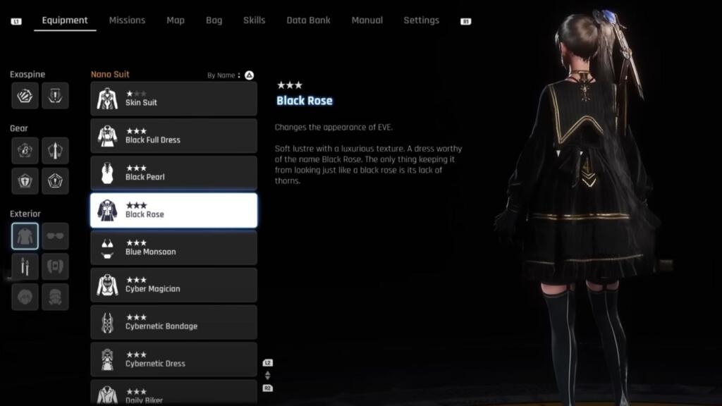 A screenshot showing the back of the Black Rose outift in Stellar Blade.