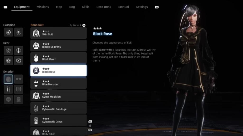 A screenshot showing the front of the Black Rose outift in Stellar Blade.