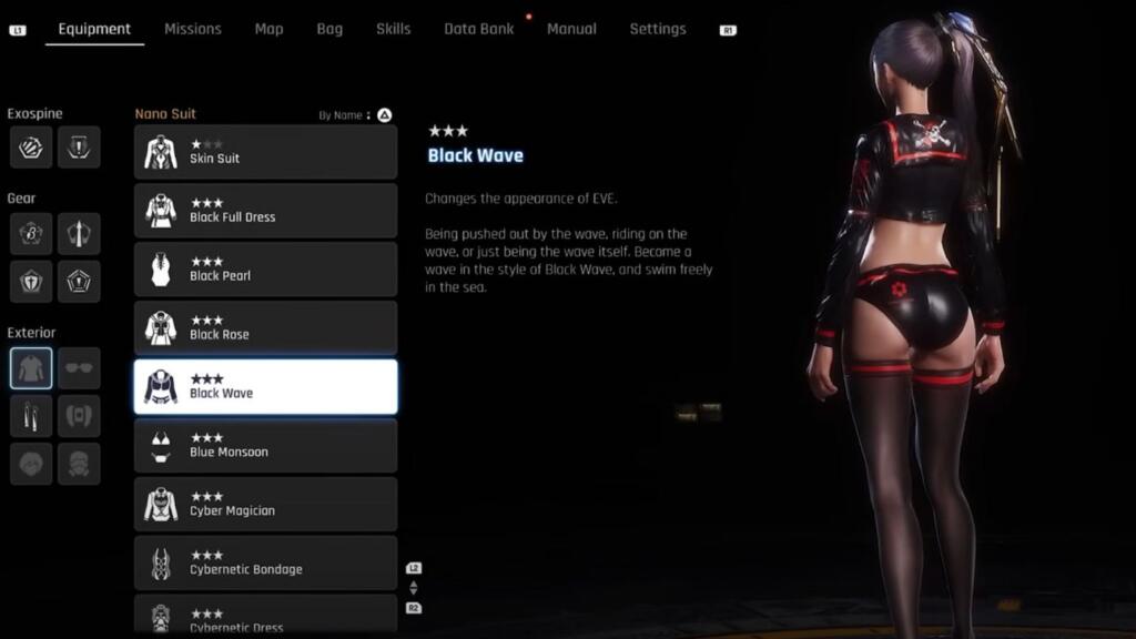 A screenshot showing Eve from Stellar Blade showing her back wearing the Black Wave outfit in game.