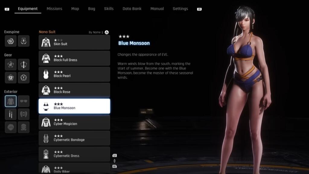 A screenshot showing Eve's front in Stellar Blade wearing the Blue Monsoon costume.