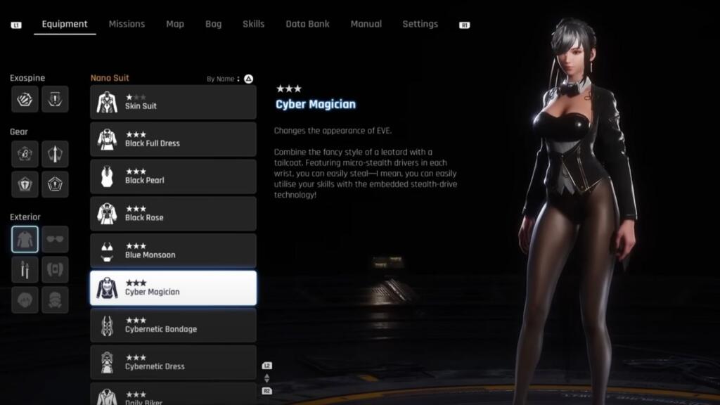 A screenshot showing Eve's front in Stellar Blade wearing the Cyber Magician costume.