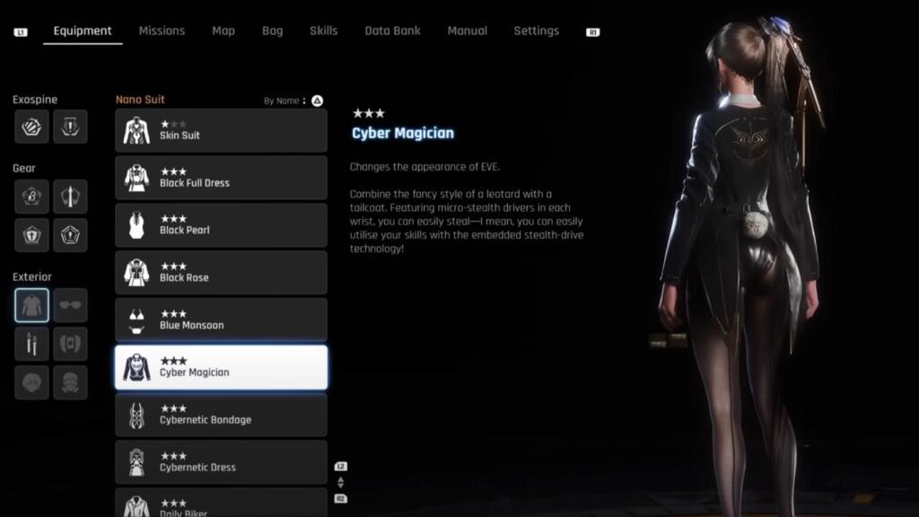 A screenshot showing Eve's back in Stellar Blade wearing the Cyber Magician costume.