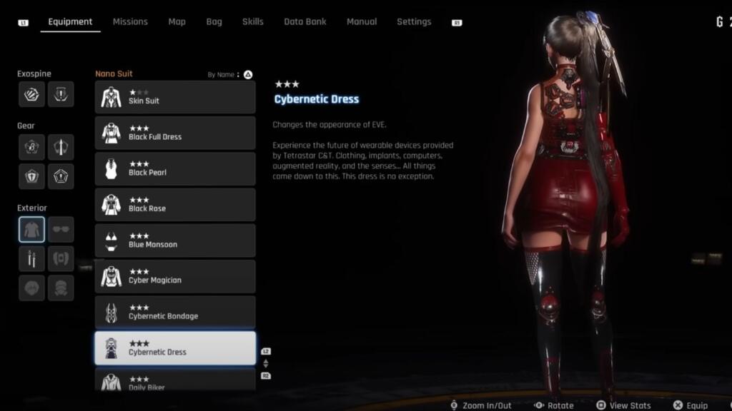 A screenshot showing the back of Eve from Stellar Blade wearing the Cybernetic Dress in game.