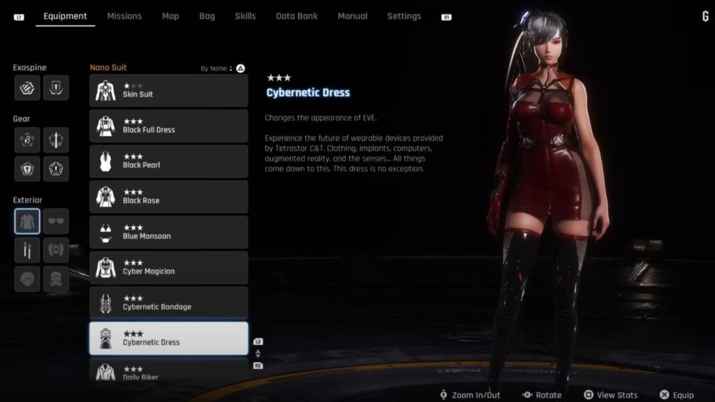 A screenshot showing the front of Eve from Stellar Blade wearing the Cybernetic Dress in game.