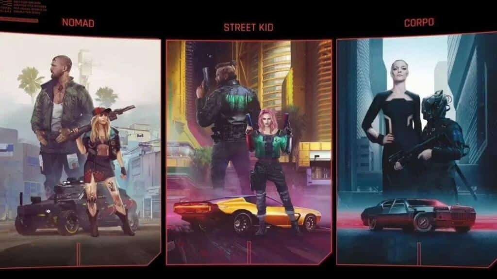 A screenshot showing different lifepath options you get in Cyberpunk 2077.