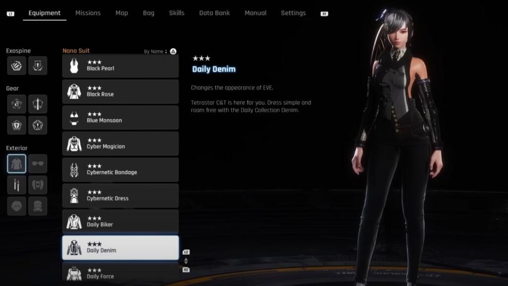 An image showing Eve from Stellar Blade showing her front wearing the Daily Denim outfit.