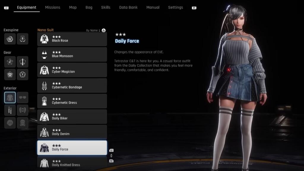 A screenshot showing Eve from Stellar Blade showing her front wearing the Daily Force outift.