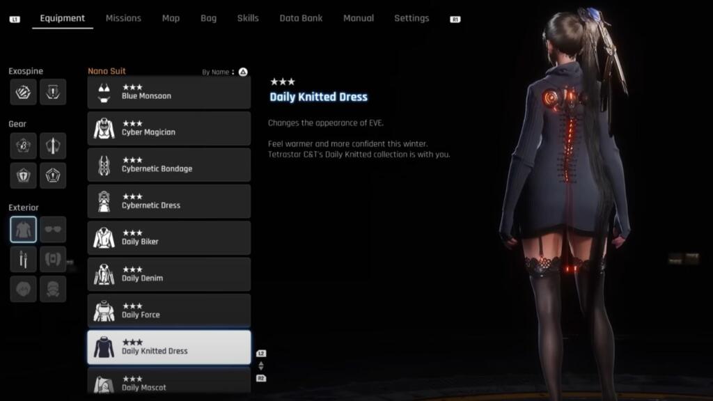 A screenshot showing Eve from Stellar Blade showing her back wearing the Daily Knitted Dress outift.