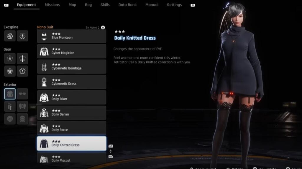 A screenshot showing Eve from Stellar Blade showing her front wearing the Daily Knitted Dress outift.