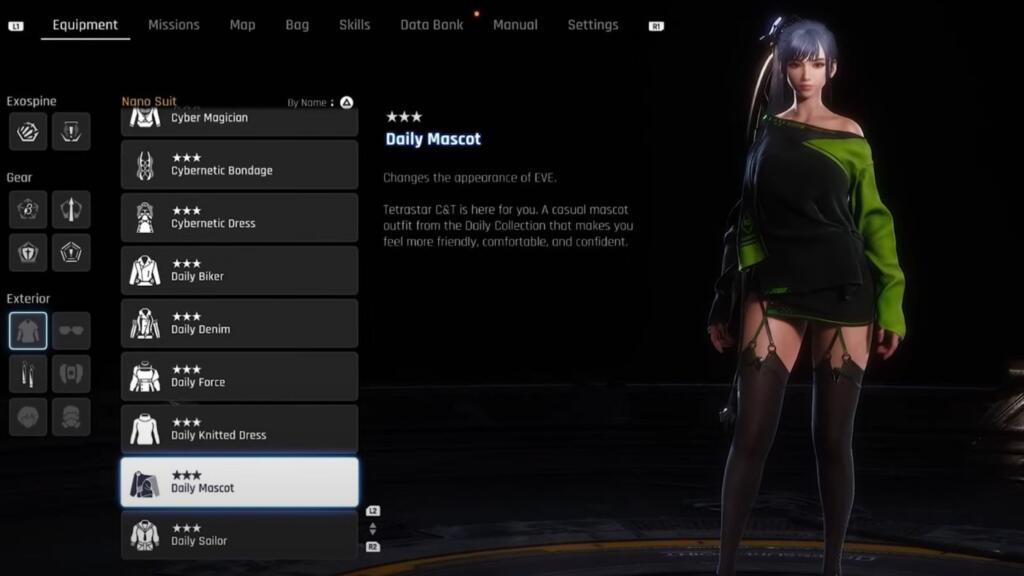 A screenshot showing Eve from Stellar Blade showing her front wearing the Daily Mascot outfit in game.