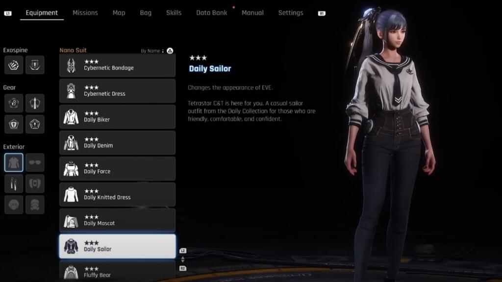 A screenshot showing Eve from Stellar Blade showing her front wearing the Daily Sailor outfit in game.