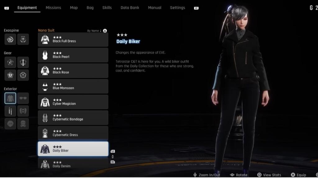 A screenshot showing the front of Eve from Stellar Blade wearing the Daily Biker outfit in game.