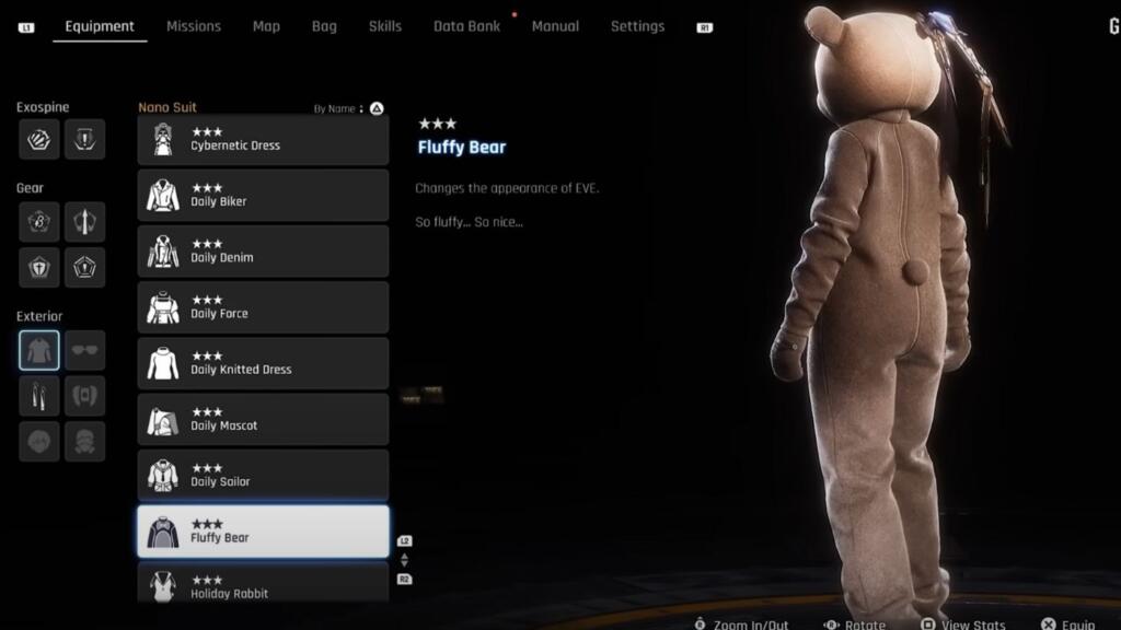 A screenshot from Stellar Blade showing the back of Fluffy Bear outfit for Eve.