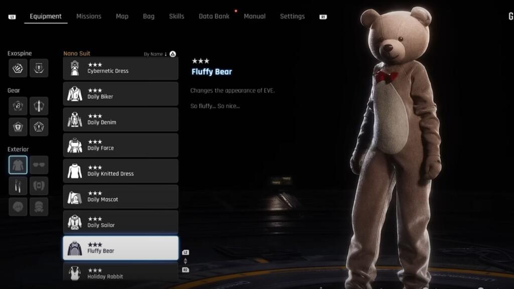 A screenshot from Stellar Blade showing the front of Fluffy Bear outfit for Eve.