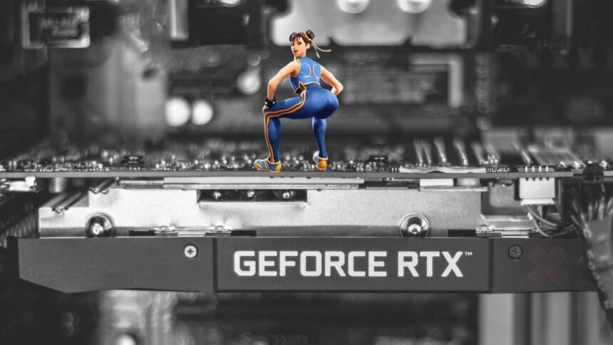 An image showing an Nvidia RTX graphics card with a Fortnite character emoting on it.