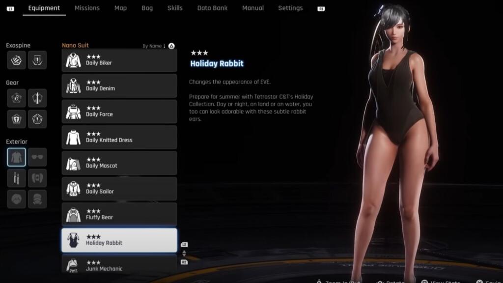 A screenshot showing Eve from Stellar Blade showing her front wearing the Holiday Rabbit outfit.