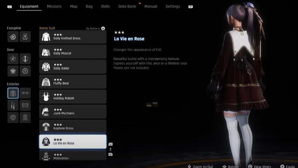 A screenshot from Stellar Blade showing Eve wearing the La Vie En Rose outfit in menu.