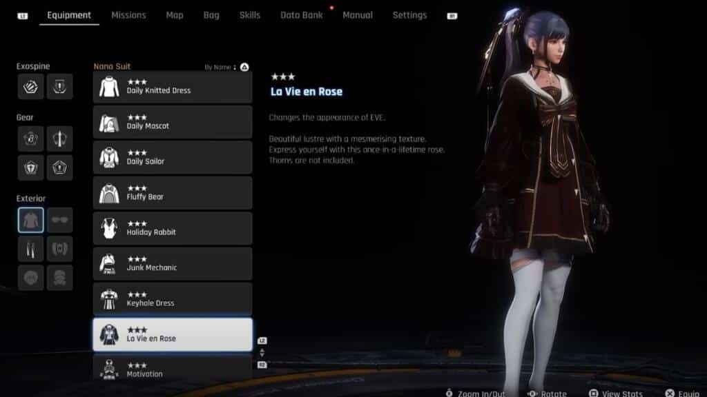 A screenshot from Stellar Blade showing Eve wearing the La Vie En Rose outfit in menu.