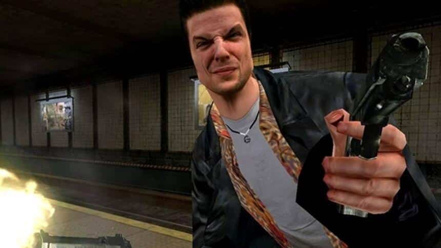 An image showing a screenshot from Max Payne 1 featuring Max squinting and shooting a gun.