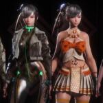 An image showing multiple version of Eve from Stellar Blade standing next to each other wearing different outfits.