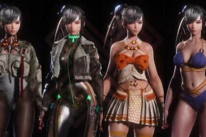 An image showing multiple version of Eve from Stellar Blade standing next to each other wearing different outfits.